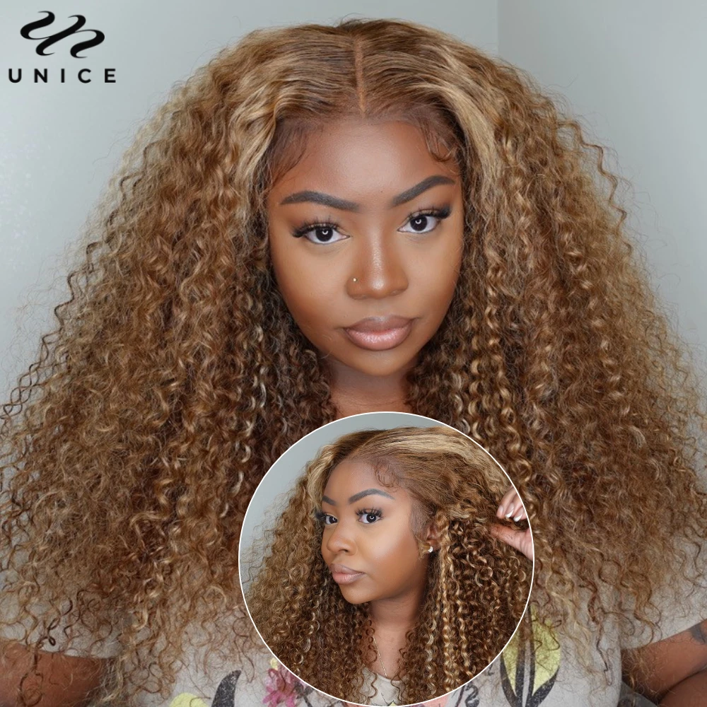 UNice Honey Blonde Deep Curly 13x4 Lace Front Human Hair Wig Pre Cut Pre Bleached Pre Plucked Put On And Go Lace Frontal Wigs