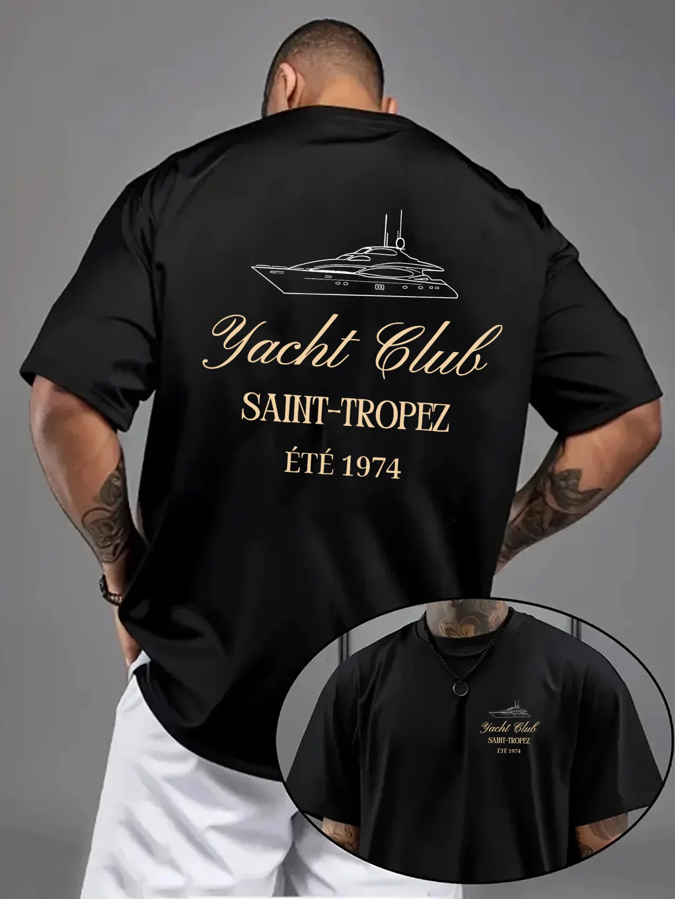 Camiseta Unisex con Estampado del Club de Yates de Saint-Tropez, Cuello Redondo, Estilo Casual, Holgada, Estilo Veraniego