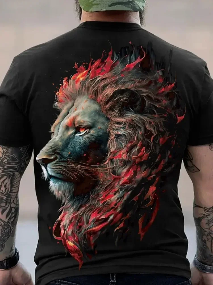 Sommer Herren Rundhals T-Shirt Mode 3D-Gedrucktes Löwenmuster T-Shirt Slammer Atmungsaktiv Fitness Locker Übergroß Kurzarm