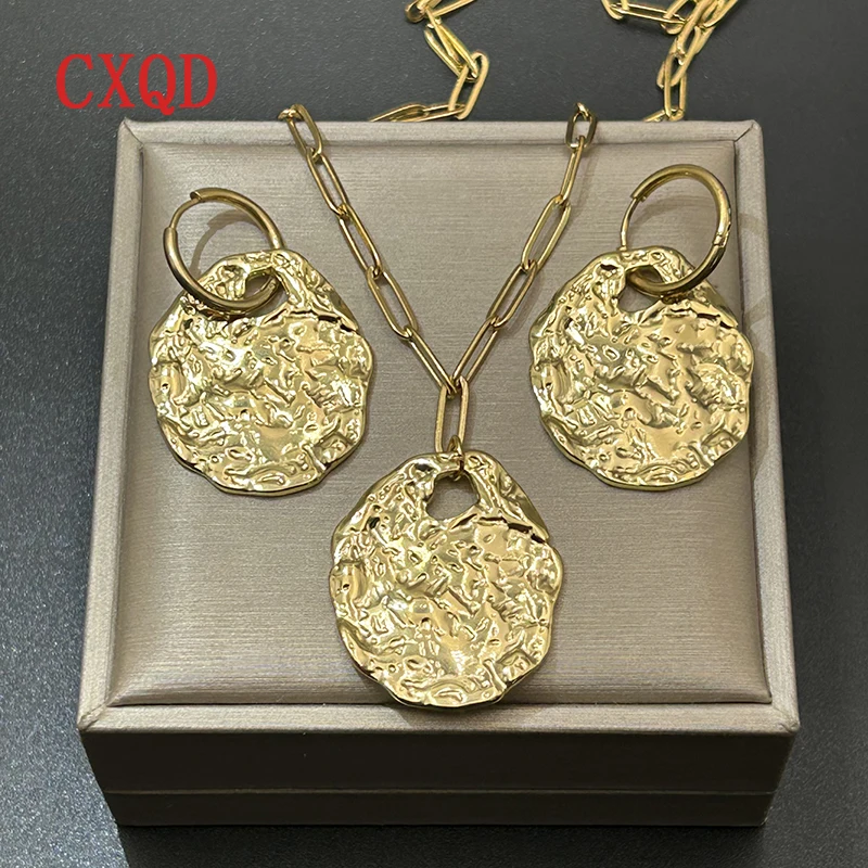 

Stainless Steel Gold Color Non-Fading Oval Irregularity Pendant Necklace Earrings big Size Set for Women Girls Ear Jewelry Gifts