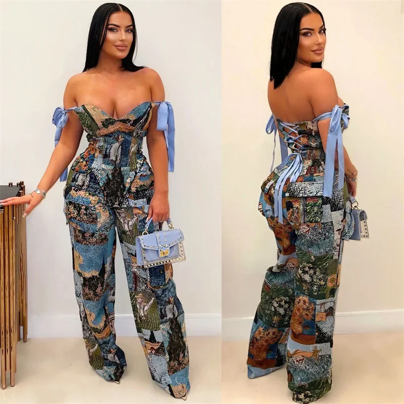 Pattern Print Two Piece Set for Women Night Club Outfits Sexy Off Shoulder V-neck Lace-up Bow Tie Bandage Top and Wide Leg Pants