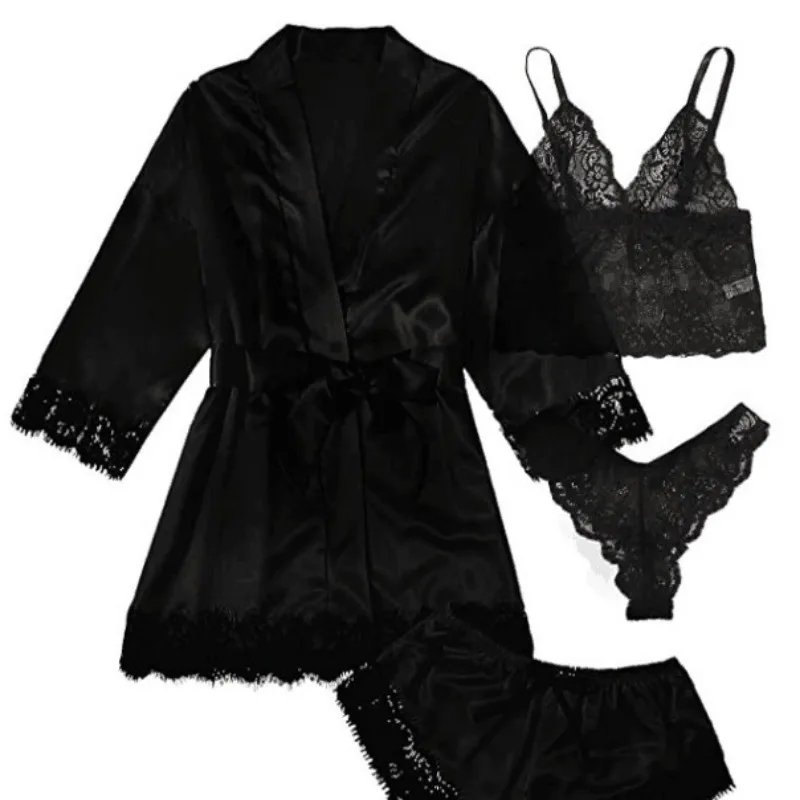 4 Pieces Pajama Sets Silk Lace Robe Dresses Lingerie Panties Women Sleepwear Loungewear High-end Clothing Trends Pajamas New