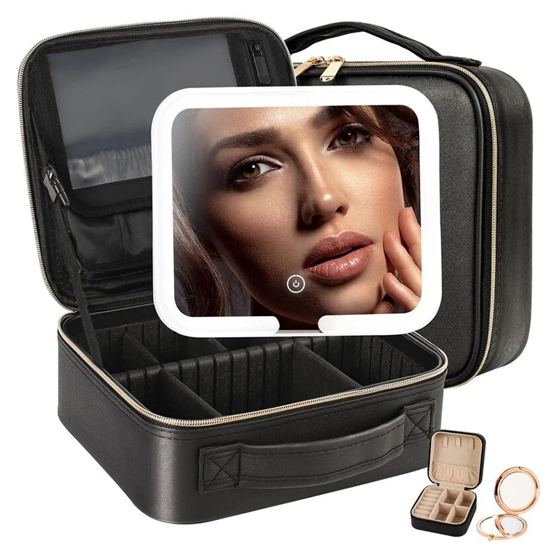 Portable Women Travel Waterproof Adjustable Light Cosmetic Organize Make Up Train Case Makeup Bag With Led Mirror