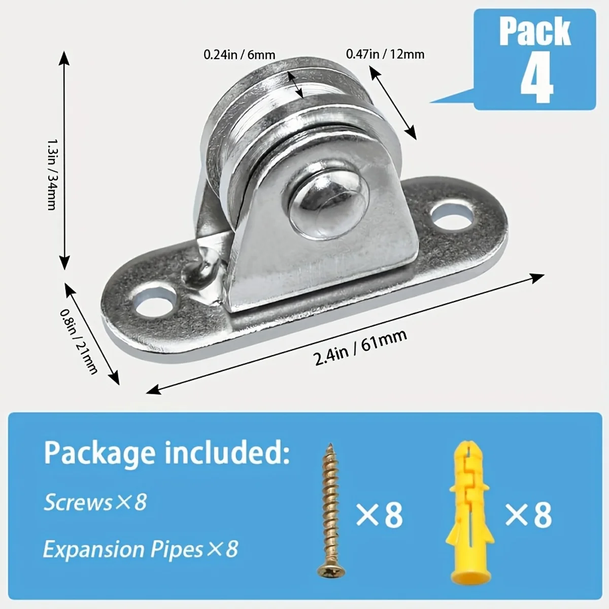 4 Pack Wall‑Mounted Cable Pulley Wheel, Metal Rope Guide Pulley with Screws & Tubes for Wire Rope Lifting System