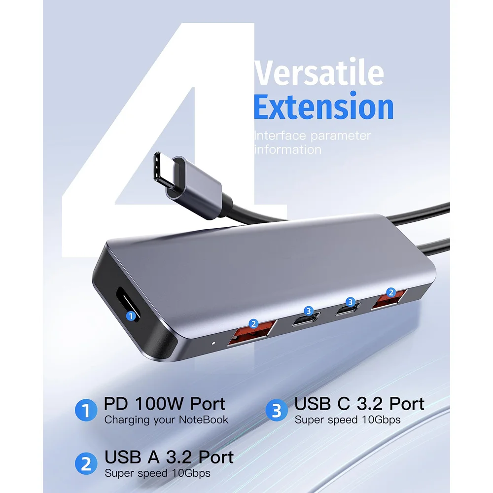 Getatek USB C Hub 10Gbps USB C Splitter 100W Carga de energía USB 3.2 Hub para computadora portátil MacBook Air/Pro iPhone 15/15 Pro/15 Pro Max