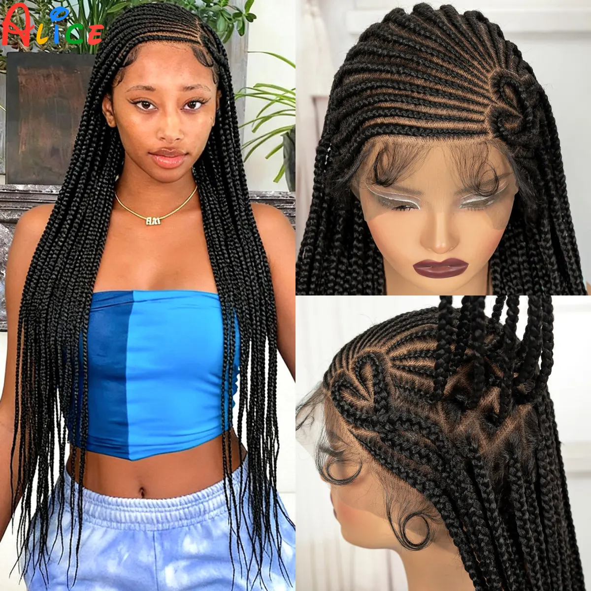Perucas Trançadas de Renda Completa 36 polegadas, Cabelo Sintético Trançado, Perucas de Renda Trançada em Caixa com Cabelo de Bebê para Mulheres Negras