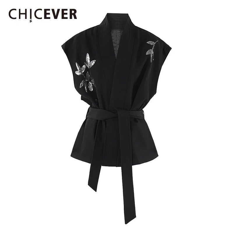 CHICEVER Designer Patchwork Sequined Flower Vest for Women V Nec Spliced Lace Up Black Color Fashion Tank Tops Female Spring New