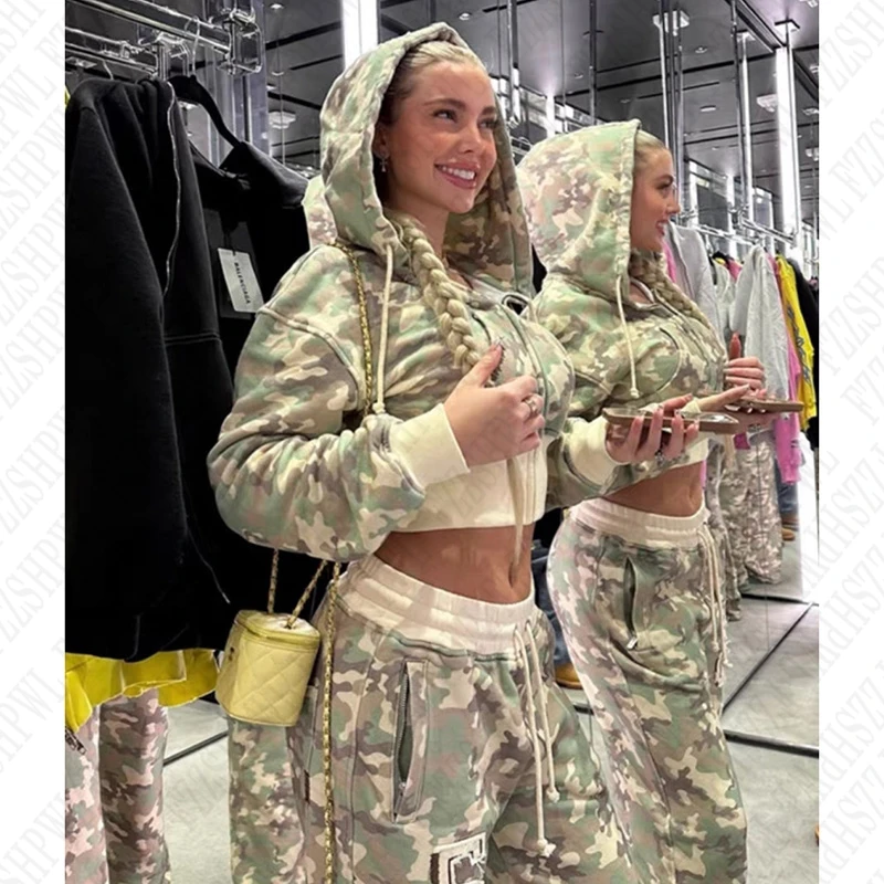 Fashion Women Clothes Camo Y2K Zip up Hoodie Punk Camouflage set Hip Hop Streetwear Pants Vintage American Style Zipper Jacket