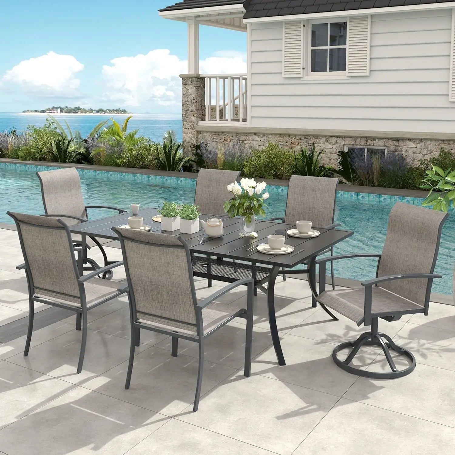 

7 Pieces Patio Outdoor Dining Set, Including 2 Swivel Textilene Chairs, 4 Chairs and 59" Rectangular, Customized
