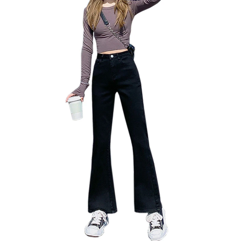 Black micro-flared jeans women\'s straight high-waisted flared pants slim-fitting and thin floor-mopping horseshoe pants