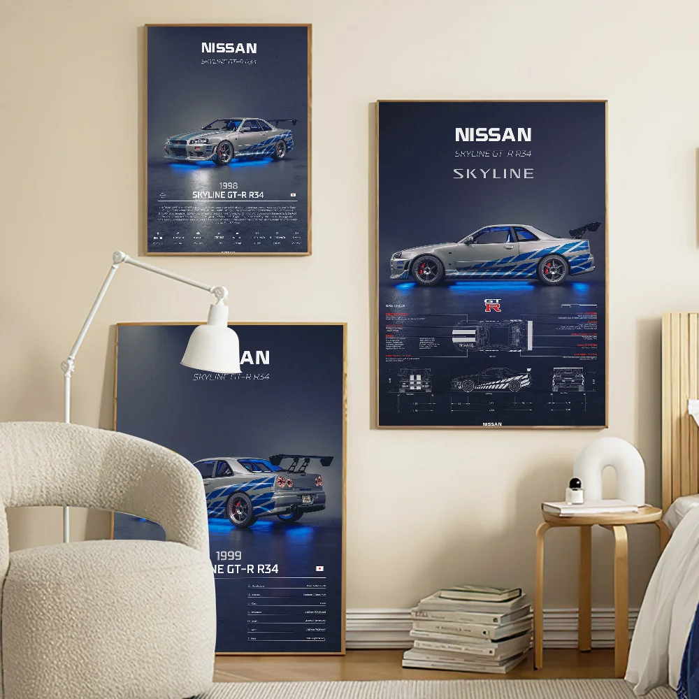 Luxury Super Sport Car R34 GTR 240sx Classic Vintage Posters Decoracion Painting Wall Art White Kraft Paper Kawaii Room Decor