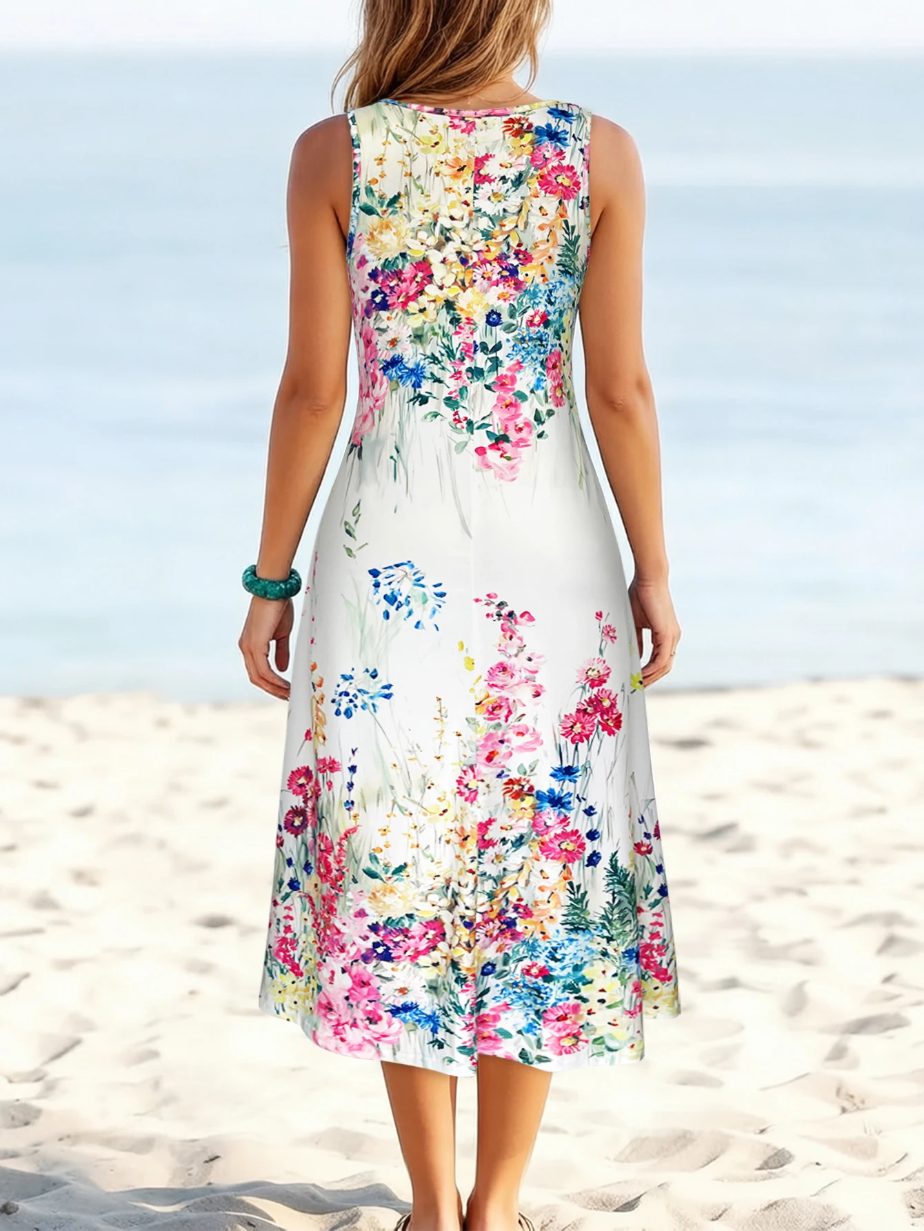 Ärmelloses Midikleid mit Aquarelldruck für Damen, lockeres A-Linien-Freizeitkleid mit Rundhalsausschnitt, Sommerkleid für den Strandurlaub, tägliches Blumenkleid – Detail 3