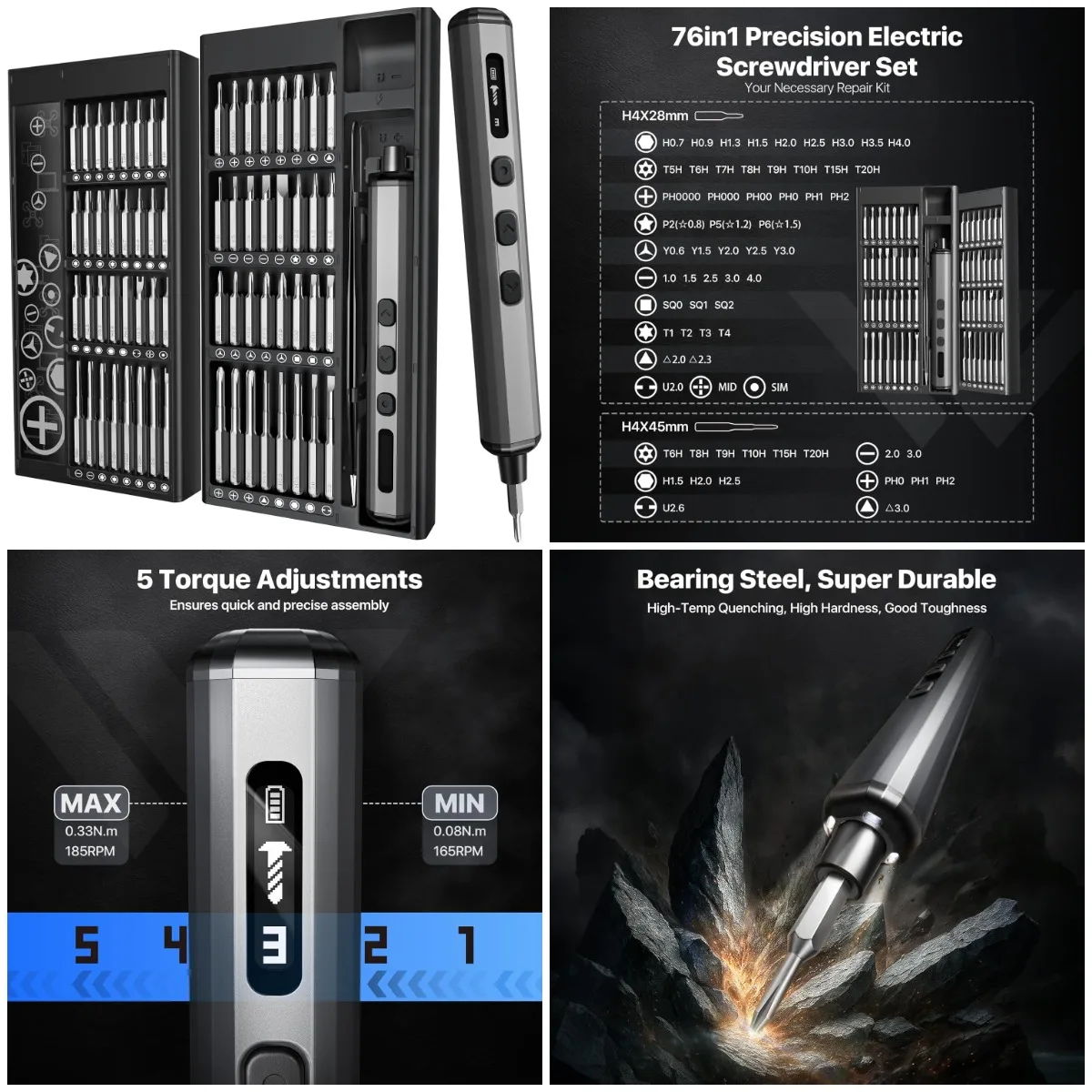 

76-in-1 Mini Electric Screwdriver Set with Battery Level & 5 Torque Settings for Phones, Laptops, Drones, Glasses, Watches
