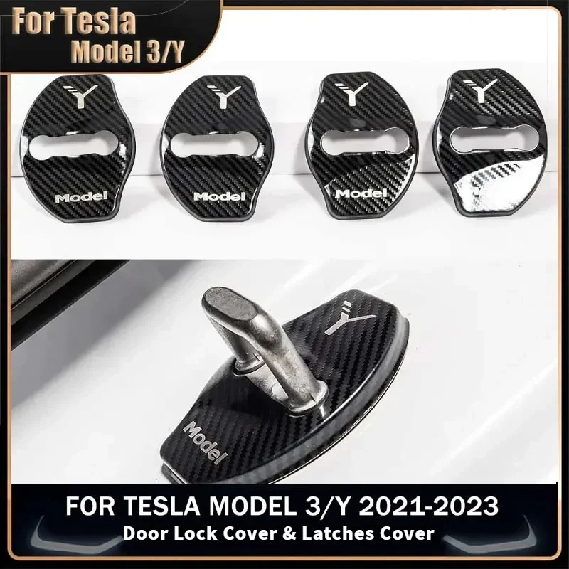 

Car Door Lock Buckle Cover Door Lock For Tesla Model Y Carbon Fiber Metal Sticker Protector Accessories Decoration