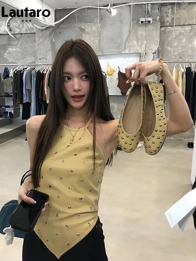 

Женский укороченный топ Lautaro из мягкой искусственной кожи в стиле ретро с заклепками, асимметричный, без рукавов, с открытой спиной, для весны и осени, уличный стиль
