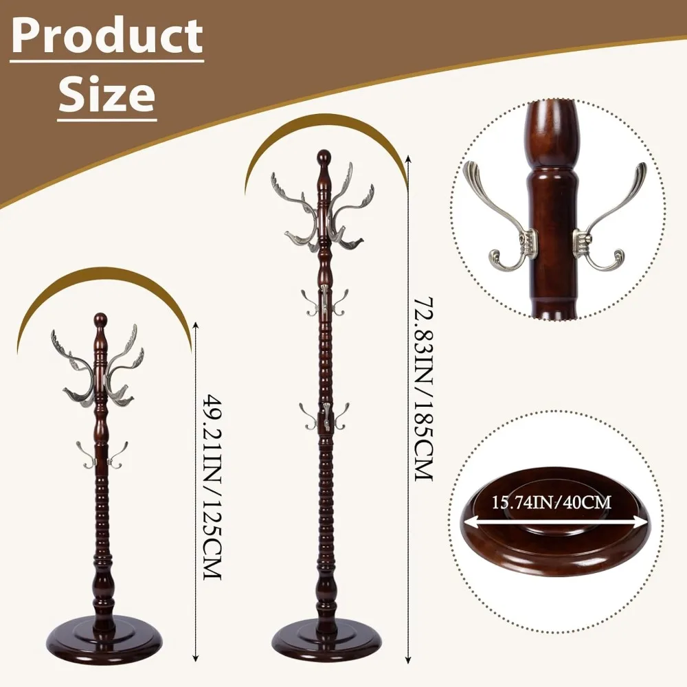 رف معطف قائم بذاته مع 14 خطافًا، تصميم من خشب البتولا الطبيعي، قاعدة مستديرة قوية مستوحاة من الأشجار