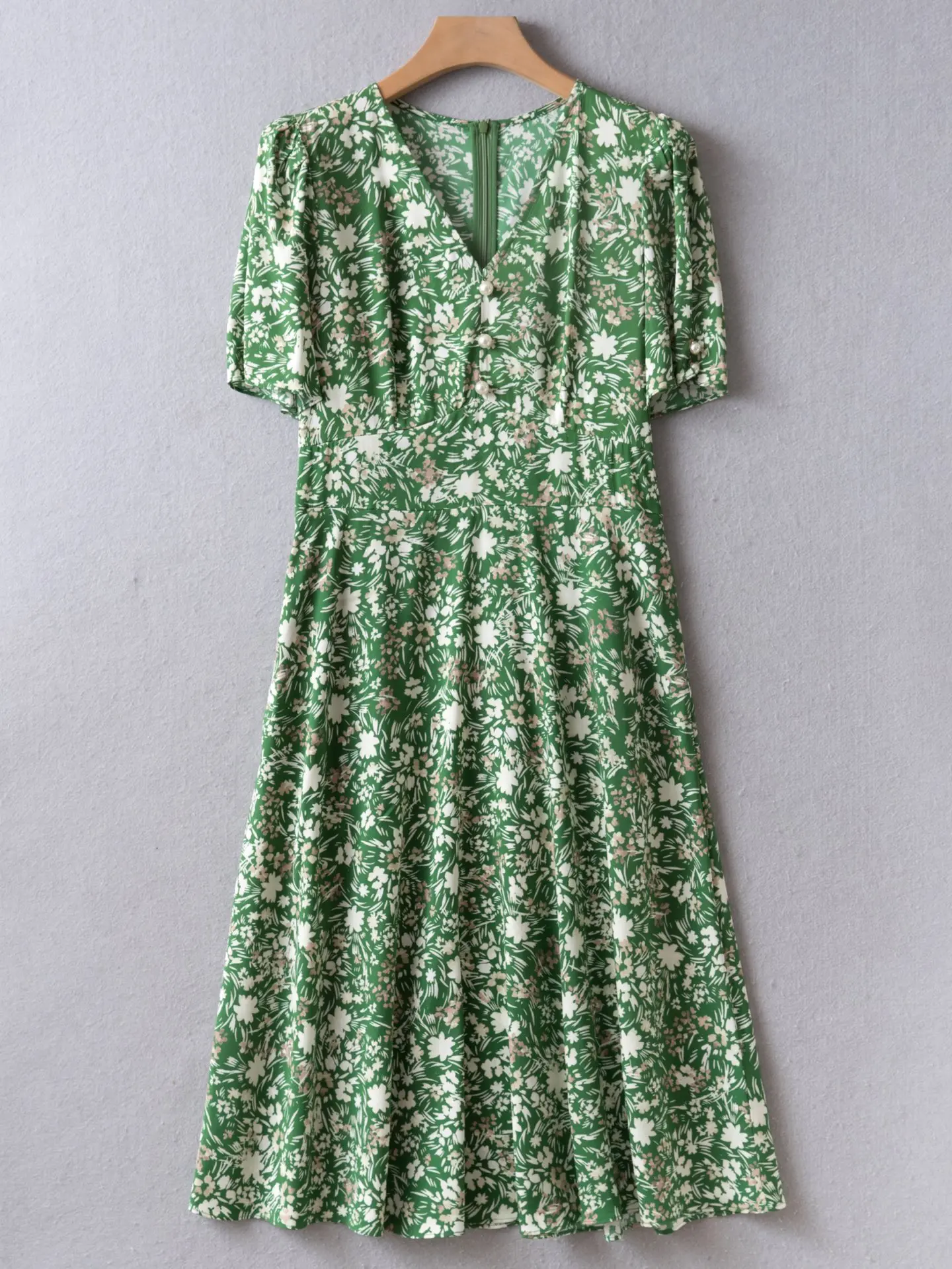 Summer Collection | Green Floral Pearl Buttons Silk Dress | V-Neck Short Sleeve Vintage Tea Dress | UK8-UK16