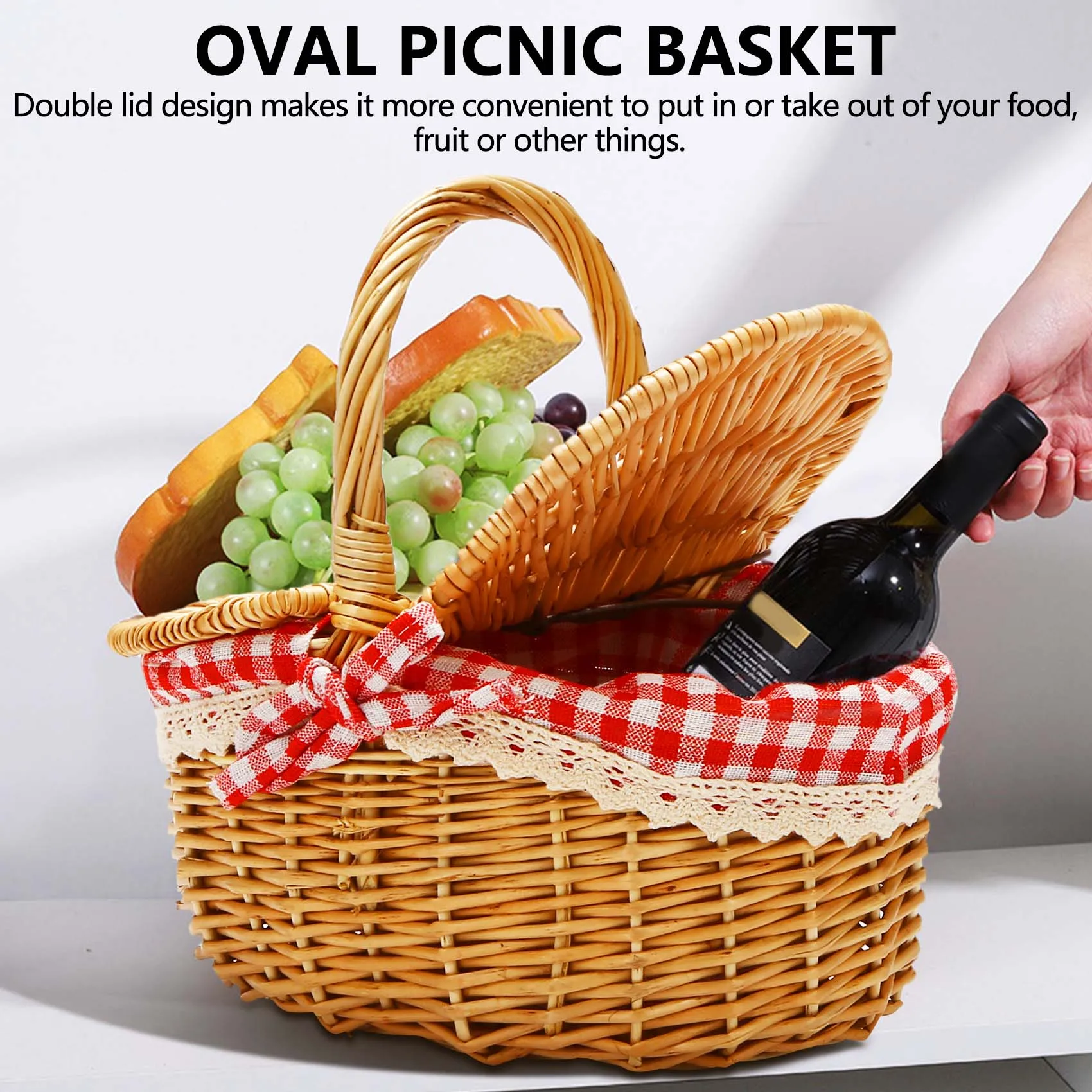 Country Style Wicker Picnic Basket Hamper with Lid and Handle & Liners for Picnics, Parties, Wedding and BBQs