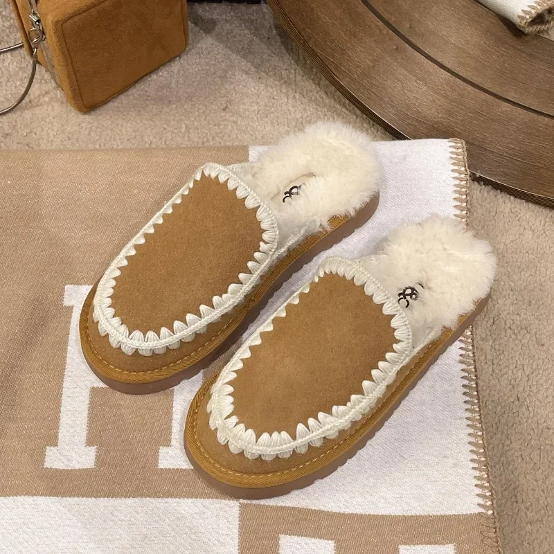 Winter New Baotou Slippers Women's Round Head Suede Deep Mouth Soft Sole Anti-slip Wear-resistant Flat Cotton Shoes