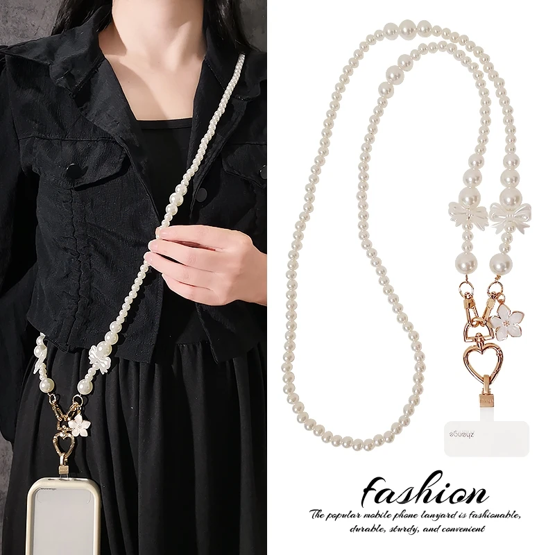 

Жемчужный браслет с бантом-бабочкой, цепочка из цветочных бусин ручной работы, длинный ремешок через плечо, подвесная веревка для телефона с защитой от потери на открытом воздухе