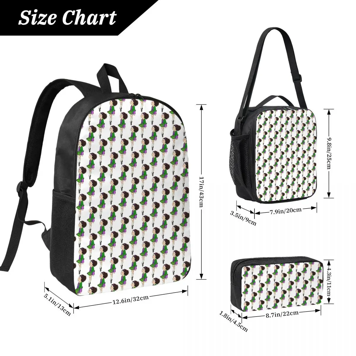 Irish Dance Girl In Green Dress Backpack Student Boys Girls BookBag School Bag Shoulder Bags 3ps Insulated Lunch Bag Pencil Case