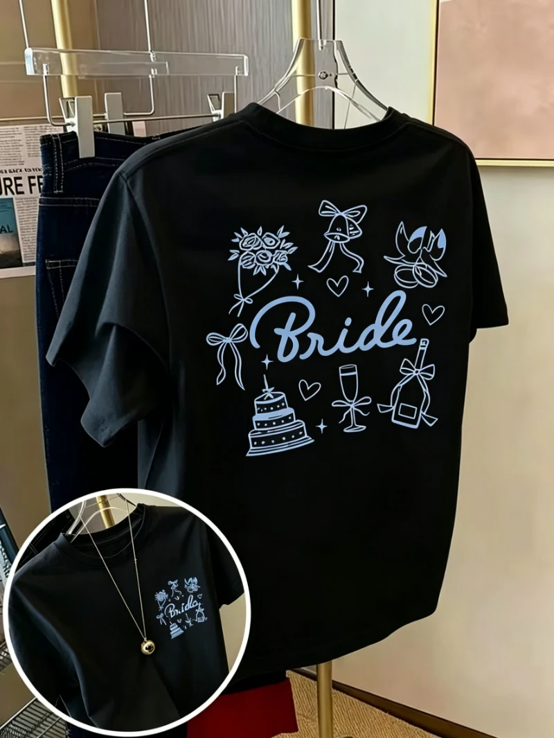 Bride Wedding Element Print Women T-shirt Bachelorette Party Line Art Graphic Short Sleeve Tops Women Streetwear Daily Wear Tee