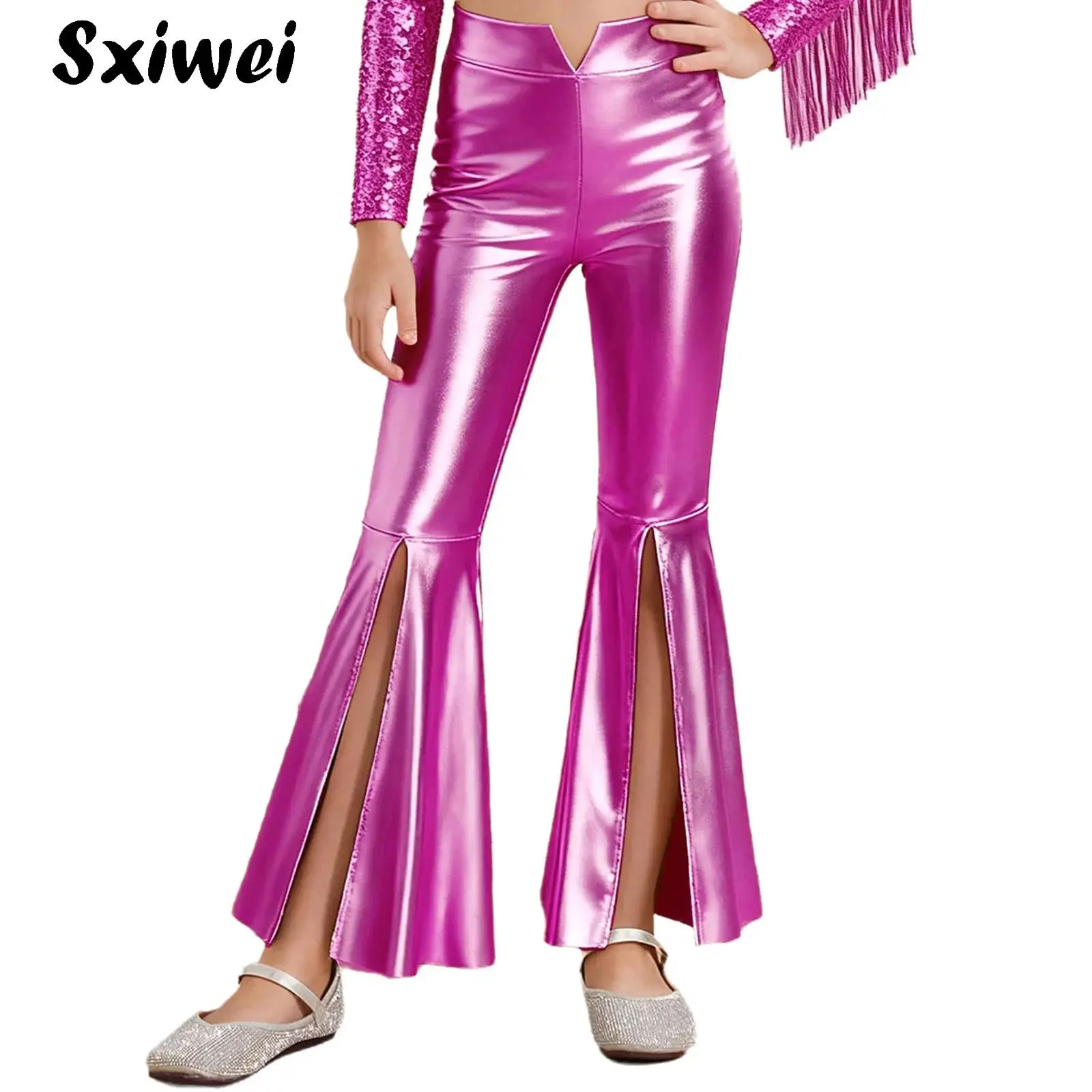 

Girls Shiny Flare Trousers Metallic Bell Bottoms Wide Leg Pants Retro 70s Disco Halloween Hippie Costume for Dance Performance