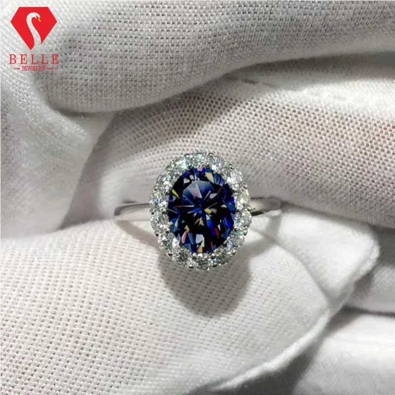 Moissanite Stone Women 925 Silver Ring 18K White Gold Plated 2CT Vivid Blue Oval Moissanite Wedding Engagement Band Gift Ring