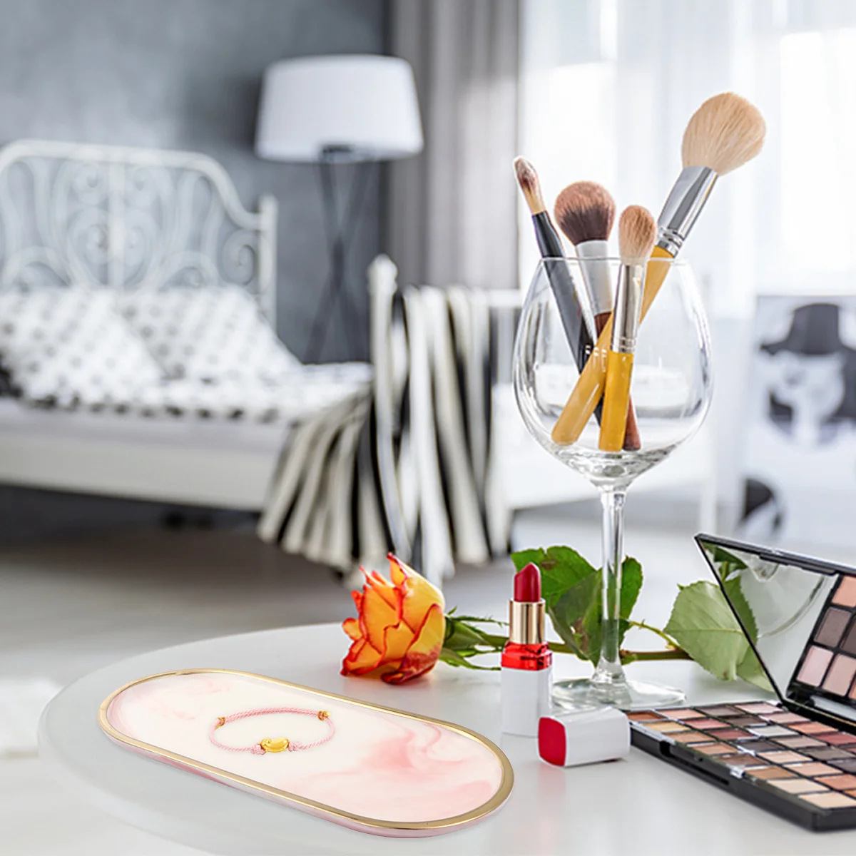 1 قطعة صينية مجوهرات السيراميك الوردي مادة صديقة للبيئة لوحة براقة متطورة لتزيين طاولة الزينة في غرفة النوم