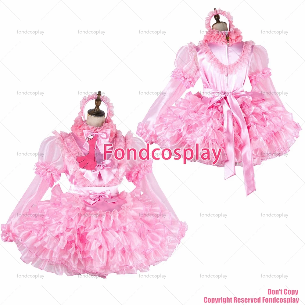 fondcosplay adult sexy cross dressing sissy maid short lockable baby pink Satin Organza dress Uniform costume CD/TV[G2014]