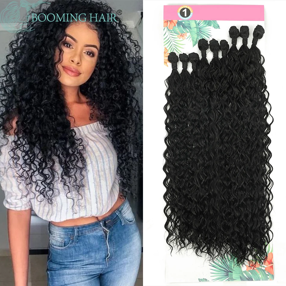 Extensões sintéticas de cabelo encaracolado para mulheres Pacotes de cabelo resistentes ao calor Cabelo longo de tecelagem de fibras 9 unidades por conjunto