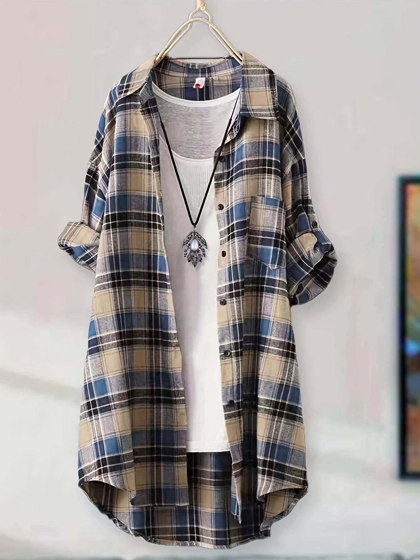 Damen Vintage Rotes Kariertes Langes Hemdkleid, Lässige Locker Sitzende Bluse mit Knöpfen, Aufrollbare Lange Ärmel, Reverskragen, Tunika mit Taschen