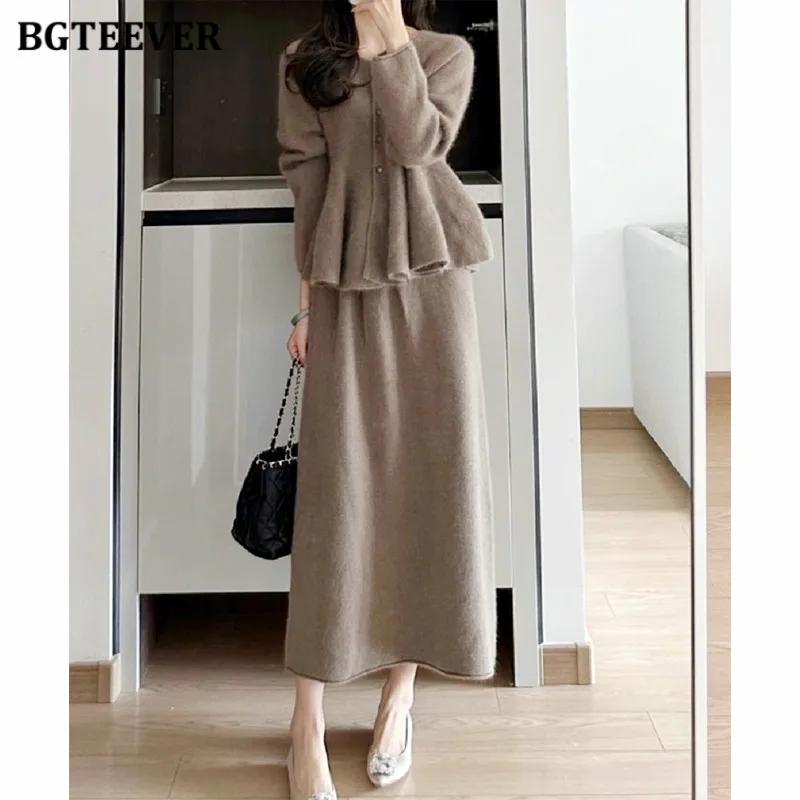 BGTEEVER Elegant Ladies 2 Pieces Knitted Skirts Set O-neck Single-breasted Sweaters Cardigans Women A-line Skirts