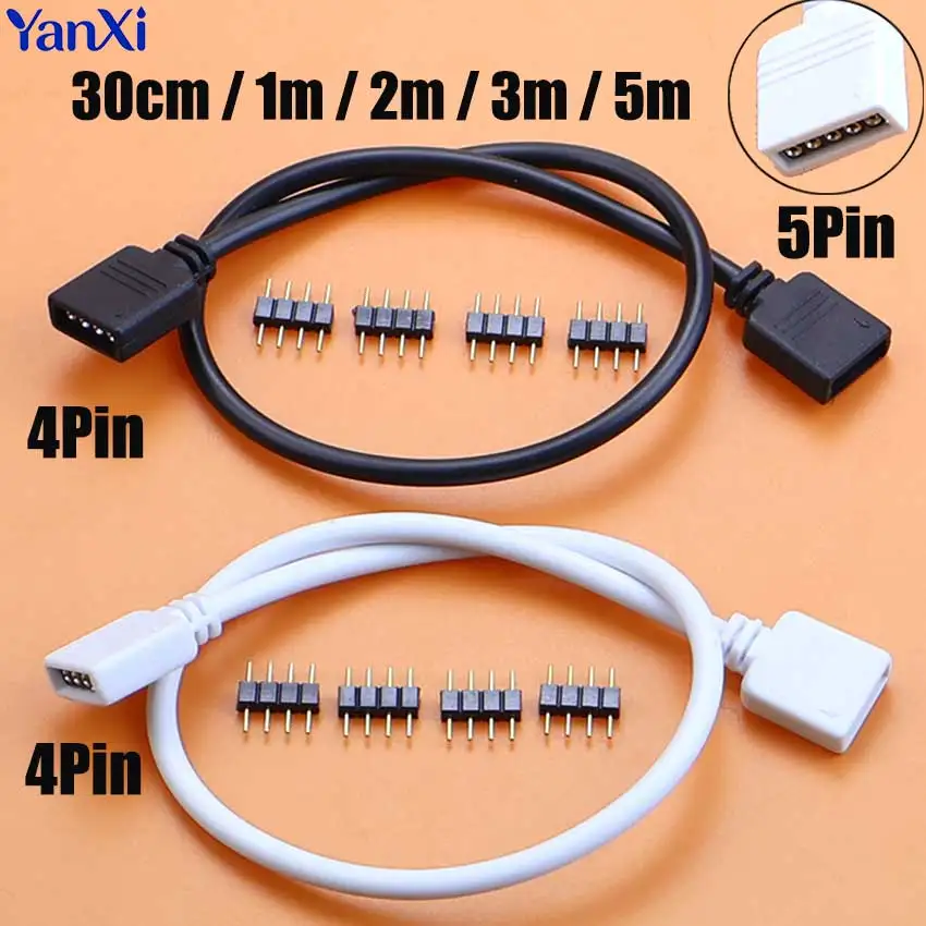 30cm 1/2/3/5m LED Light Strip Connector Cable 4/5Pin RGB Colorful Light Strip Female Dual Plug Extension Cord W/ 4pcs Male Plug