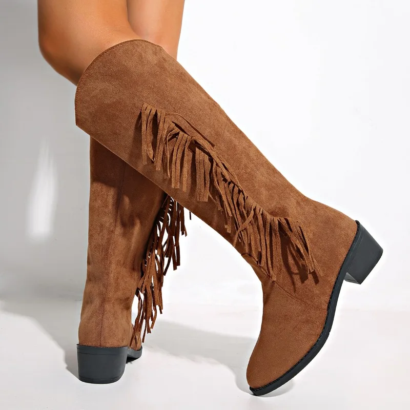 Tassel Boots, Sexy Pointed Toe Square-heeled Shoes, Winter Knee-high Boots, Fashionable Denim Western Boots, Women's Shoes image 4