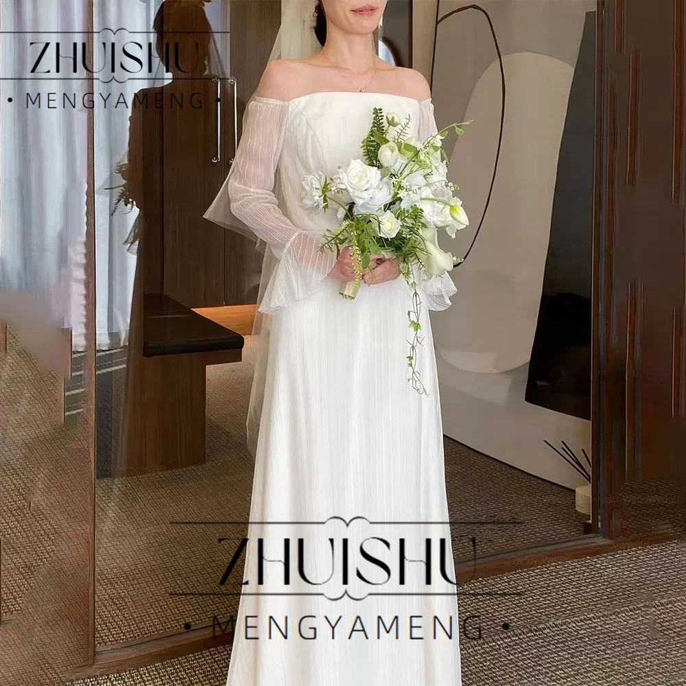 ZHUISHUElegant Off Shoulder Wedding Dress Korea Photo Shoot Long Sleeve Pleats Bridal Gown Floor Length Customzied