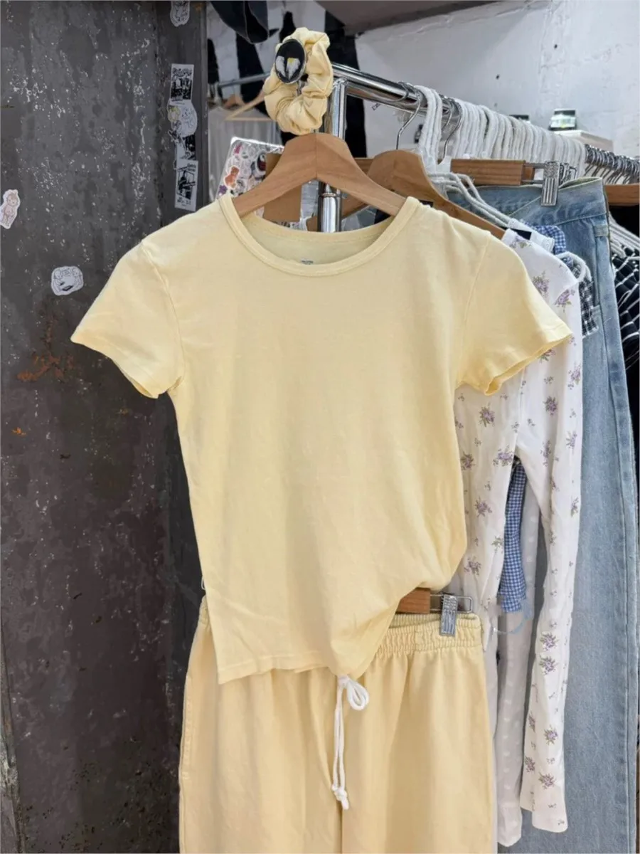 الحلو الأصفر القطن تي شيرت بانت مجموعات المرأة الجديدة عادية س الرقبة قصيرة الأكمام المحملة مستقيم Sweatpant دعوى لطيف Y2K 2 قطعة مجموعة