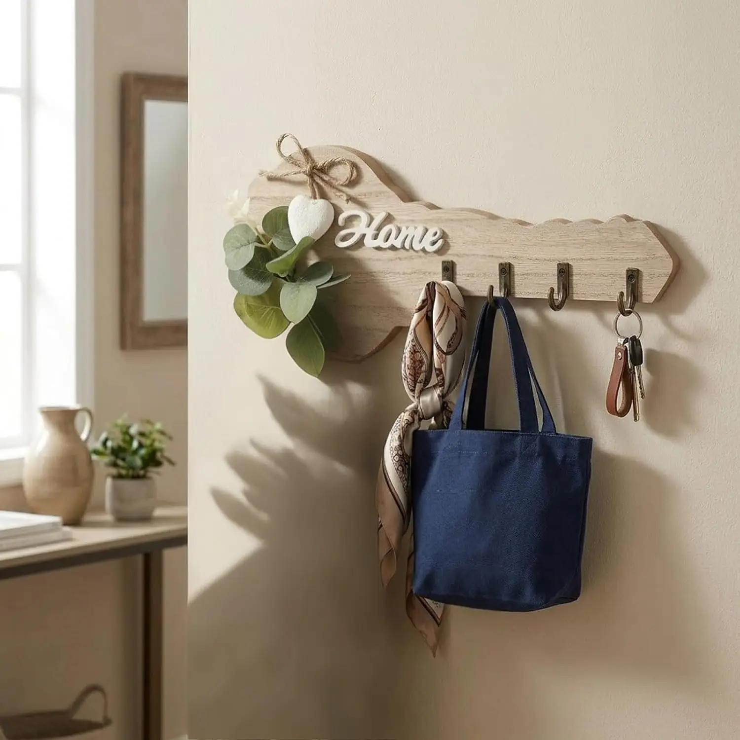 Rustic Wooden Home Key Holder Wall Decor with Heart Accent & 4 Hooks, Wall Mount Entryway Organizer for Keys Coats Bags Hats view 6