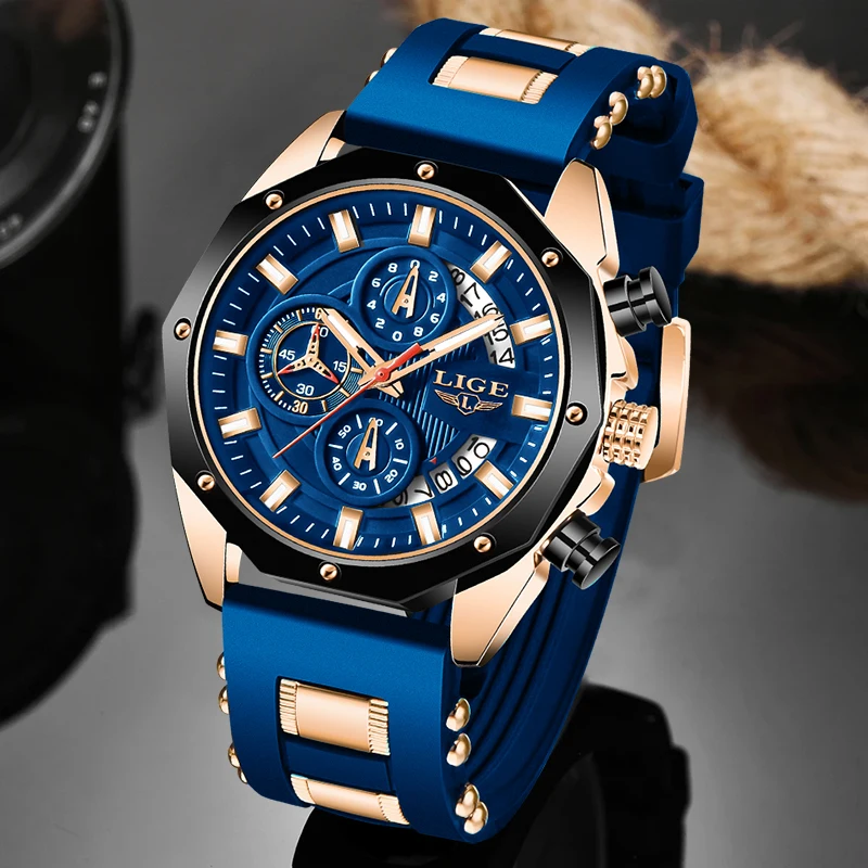 Lige-メンズ防水クォーツ時計,シリコンストラップ,クロノグラフ,カジュアル,スポーツ,ミリタリー,時計,トップブランド,高級ファッション