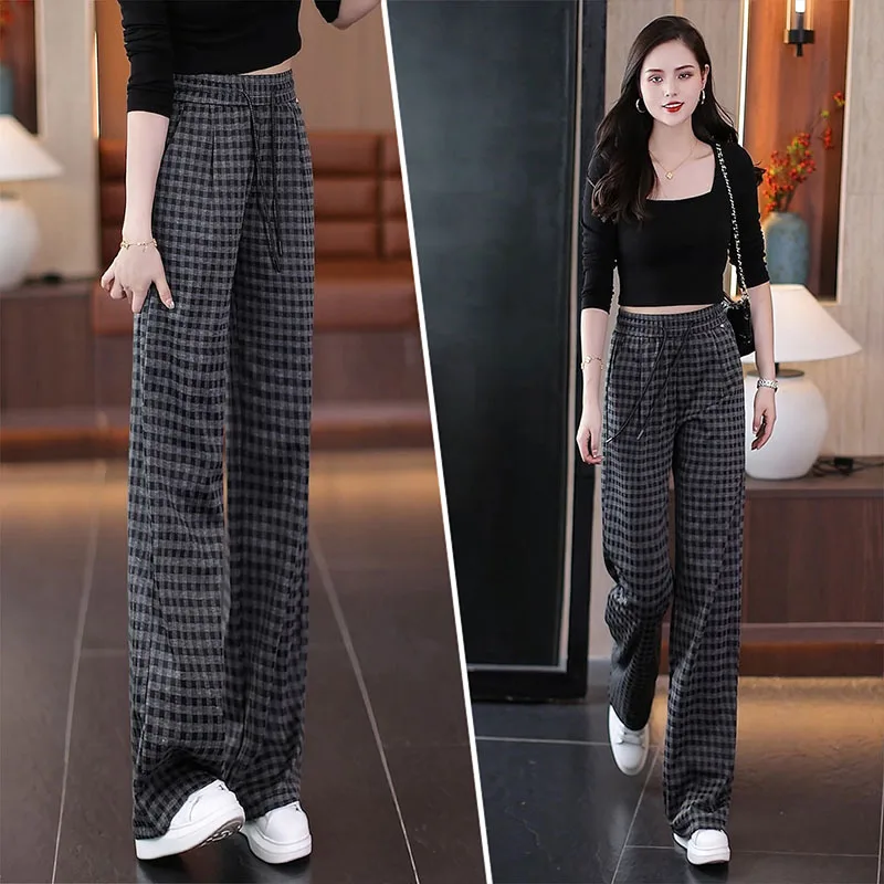 กางเกงขายาวลายสก็อตสำหรับผู้หญิง รุ่นใหม่สำหรับฤดูใบไม้ผลิและฤดูใบไม้ร่วง เอวสูง ทรงหลวม ช่วยพรางหุ่น กางเกงขายาวทรงยาว ขอบเอวยางยืด ลายเส้นเล็ก