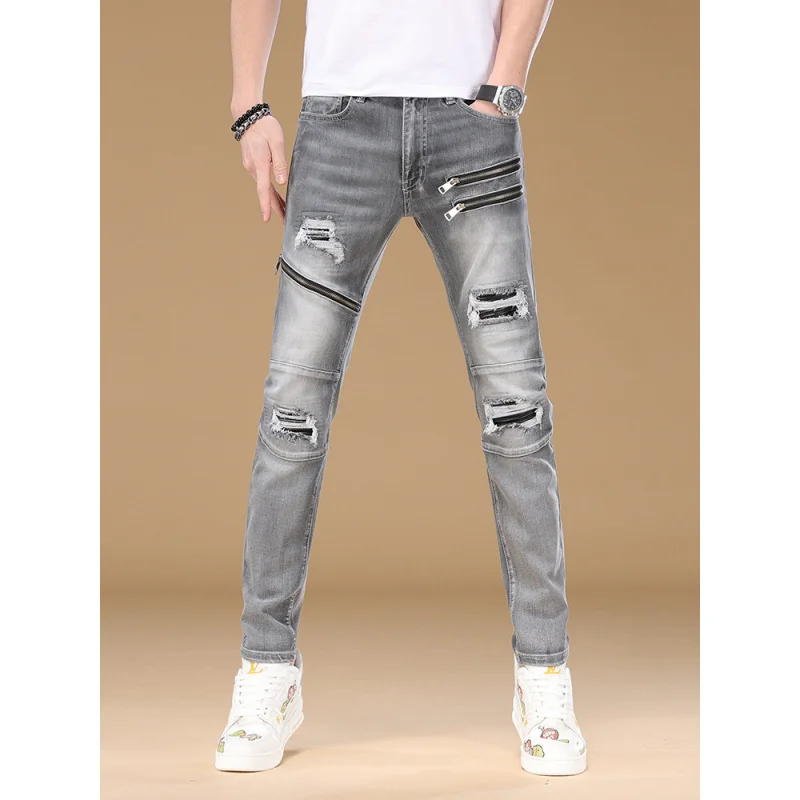 Celana Jeans Motor Pria Musim Semi Gugur 2025 Slim Fit Model Kaki Kecil Trendy Merk Fashion Personalized Panjang