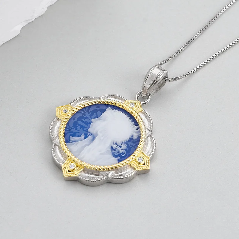 Blue Agate 925 Silver Two Tone Pendant For Women White Mother of Pearl Goddess Cameo Luxury Necklace Pendants Without Chain