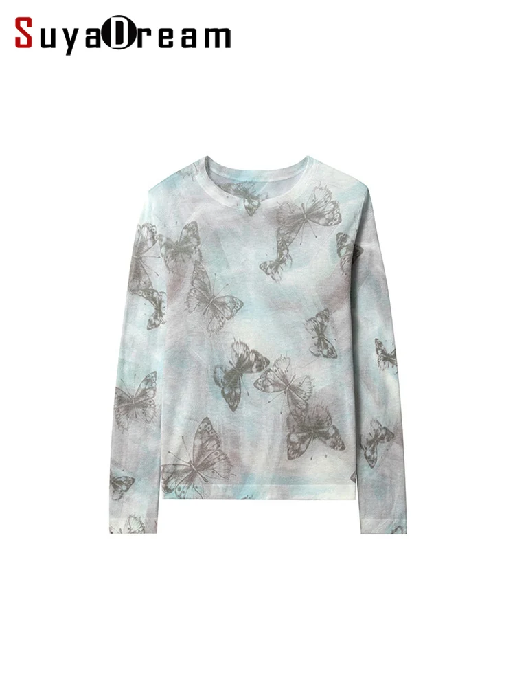 

SuyaDream, Women Printed Pullovers, Wool Lyocell Blend, Round Collar, Plain Knit T shirts, 2024 Fall Winte Top