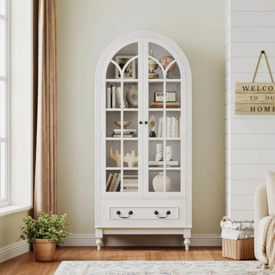 66.9 Tall Arched Kitchen Pantry Cabinet with Hidden Drawers Adjustable Shelves Bookshelf with Glass Door Arched Cabinet for Kit