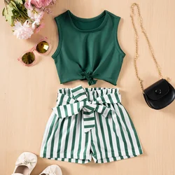 2Pcs Summer Girls Set Solid Color Sleeveless Top+Striped Shorts Set Fashion Belt Casual Children's Set Wholesale