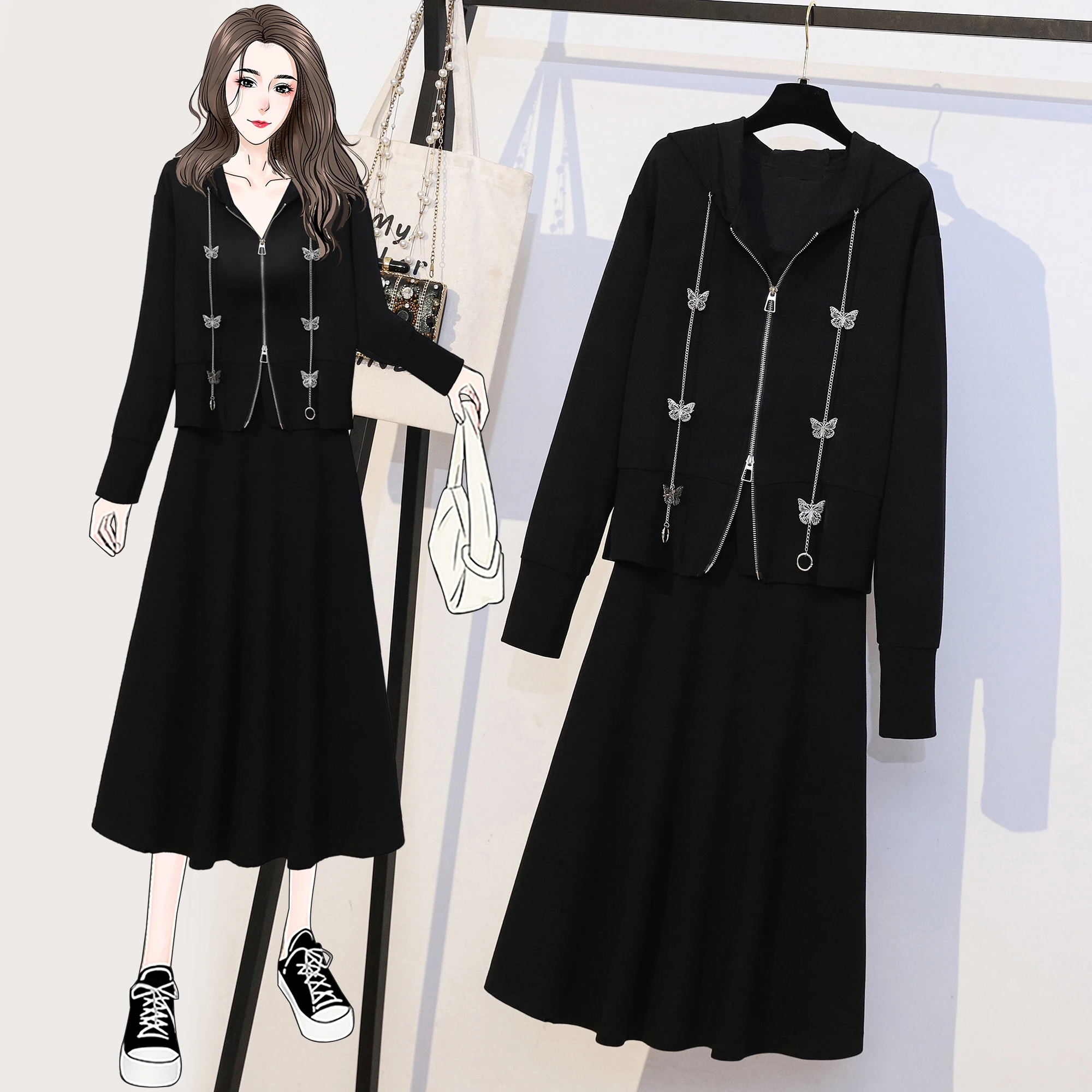 Autumn Black Knitted Cotton Coat +skirt Midi Dress Women Korean Vintage Hepburn Two Piece Set Dress 2024 New Office Lady Dresses