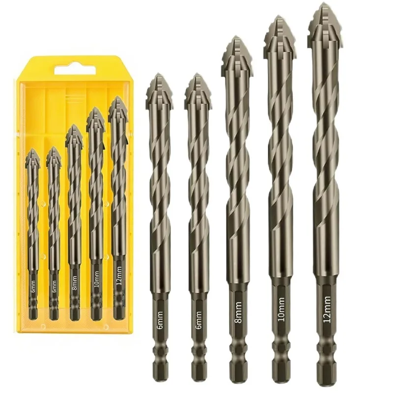 

5 Piece 4 Tooth Drill Bit High Strength Eccentric Drill Bit Set for Concrete/Glass/Cast Iron/Tile/Wood. Hexagonal Shank Drills