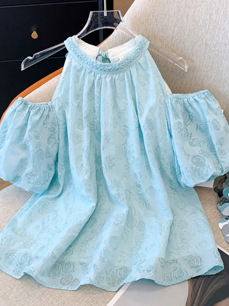 

Синяя шифоновая блузка с открытыми плечами и рукавами-фонариками, женская летняя блузка в корейском стиле, топ с круглым вырезом и короткими рукавами для девушек