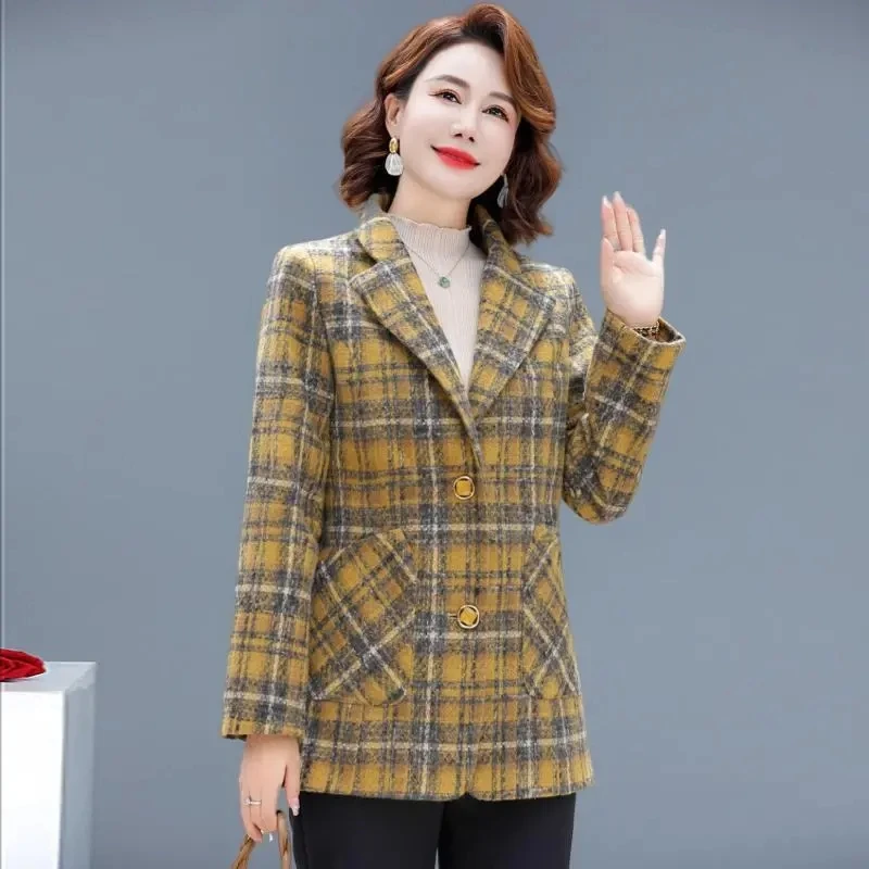 Middle Aged Mother Suit Coat 2024 NEW Spring Autumn Fashion Plaid Tops Woolen Jacket Large Size Elegant Women Blazer Outwear 5XL