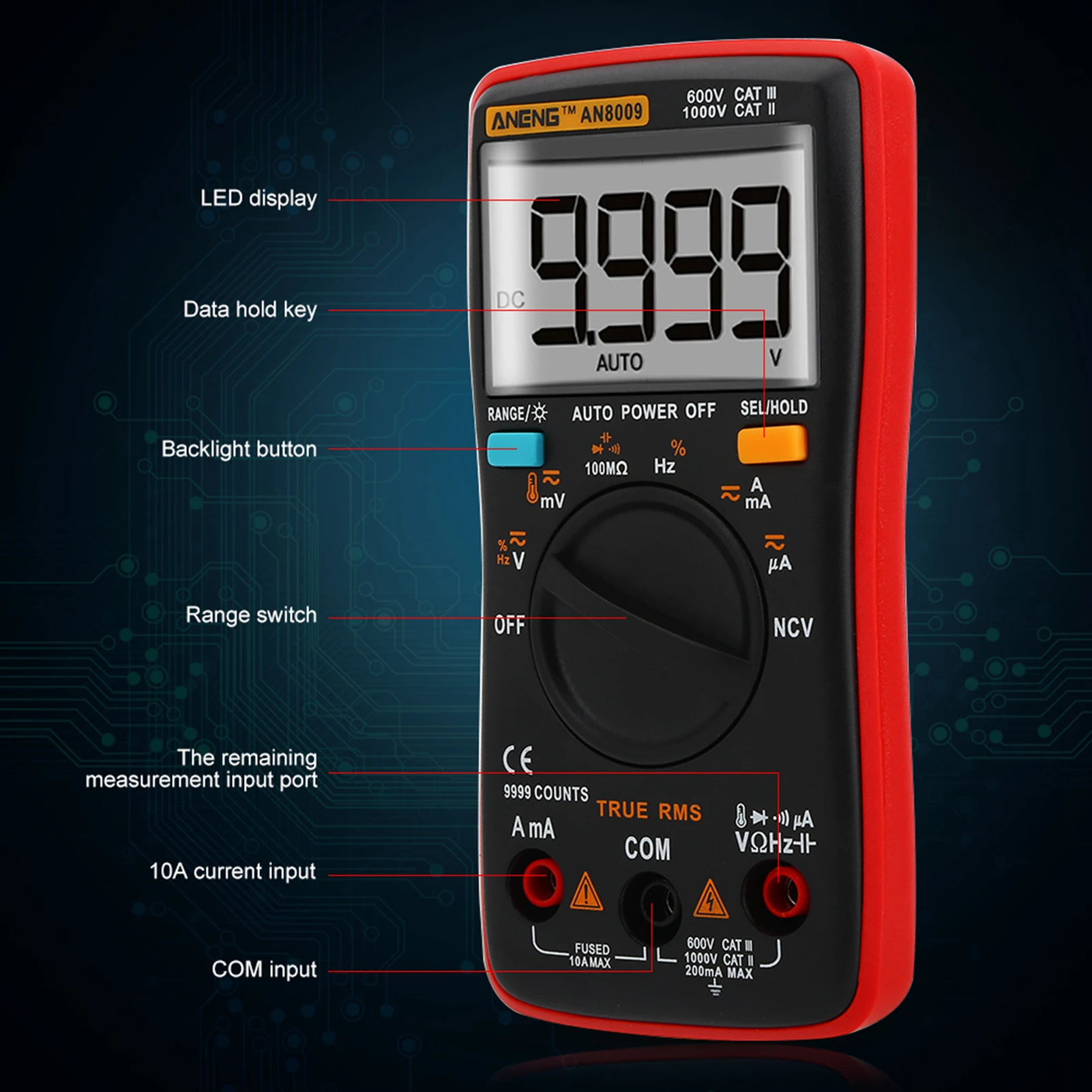 Auto Range Multimeter, ANENG AN8009 Digital Multimeter Auto Range True RMS AC/DC Voltage Electronic Meter